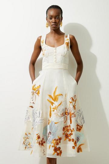 Cream White Botanical Embroidery Organdie Strappy Midi Dress