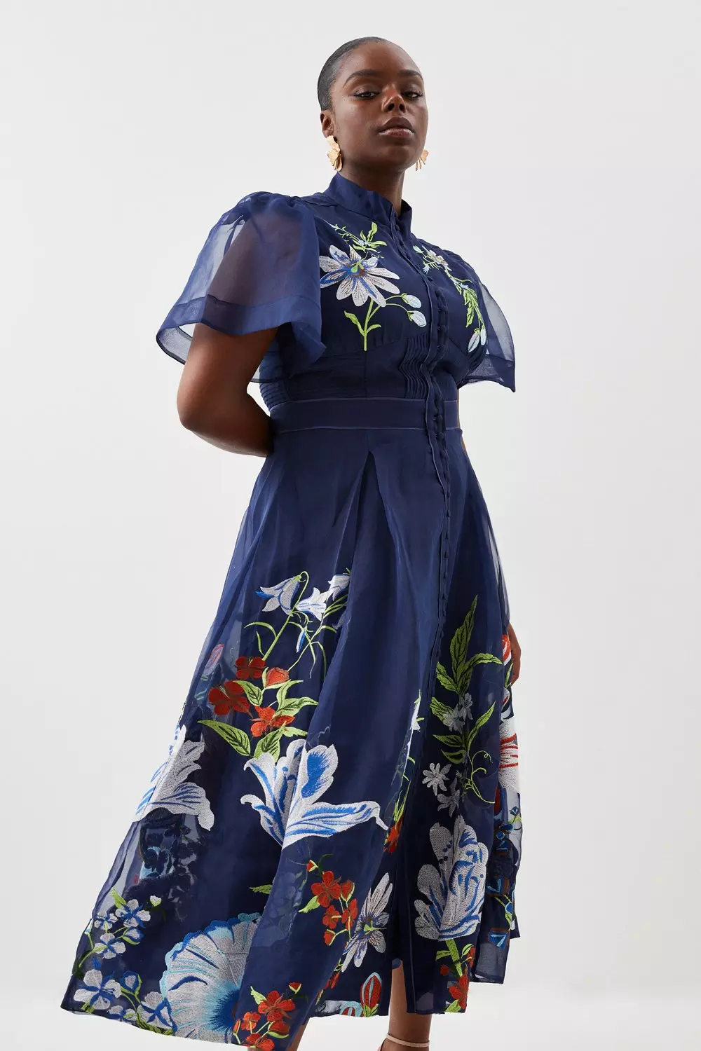 Plus Size Botanical Embroidery Organdie Midi Dress | Karen
