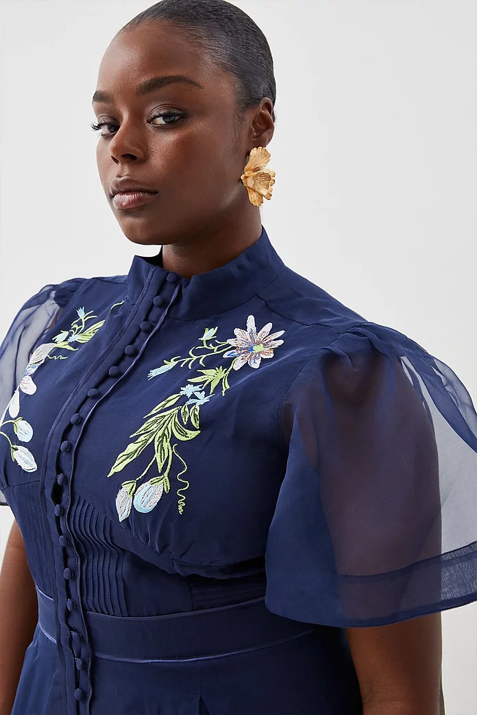 Plus Size Botanical Embroidery Organdie Midi Dress | Karen Plus Size Botanical Embroidery Organdie Midi Dress | Karen