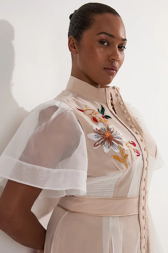 Plus Size Botanical Embroidery Organdie Midi Dress | Karen Plus Size Botanical Embroidery Organdie Midi Dress | Karen