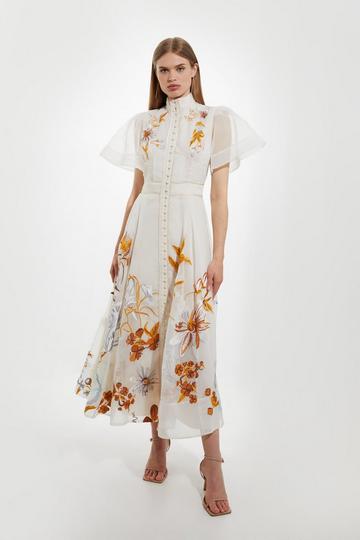 Cream White Botanical Embroidery Organdie Angel Sleeve Midi Dress