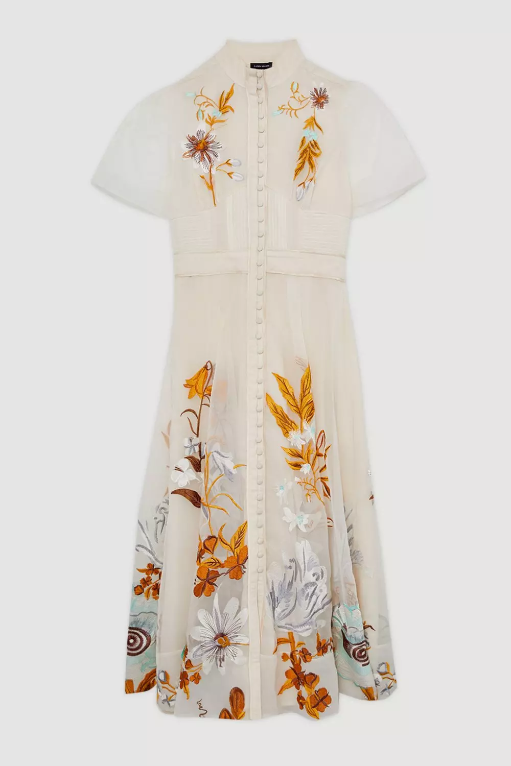 Botanical Embroidery Organdie Angel Sleeve Midi Dress | Karen Millen