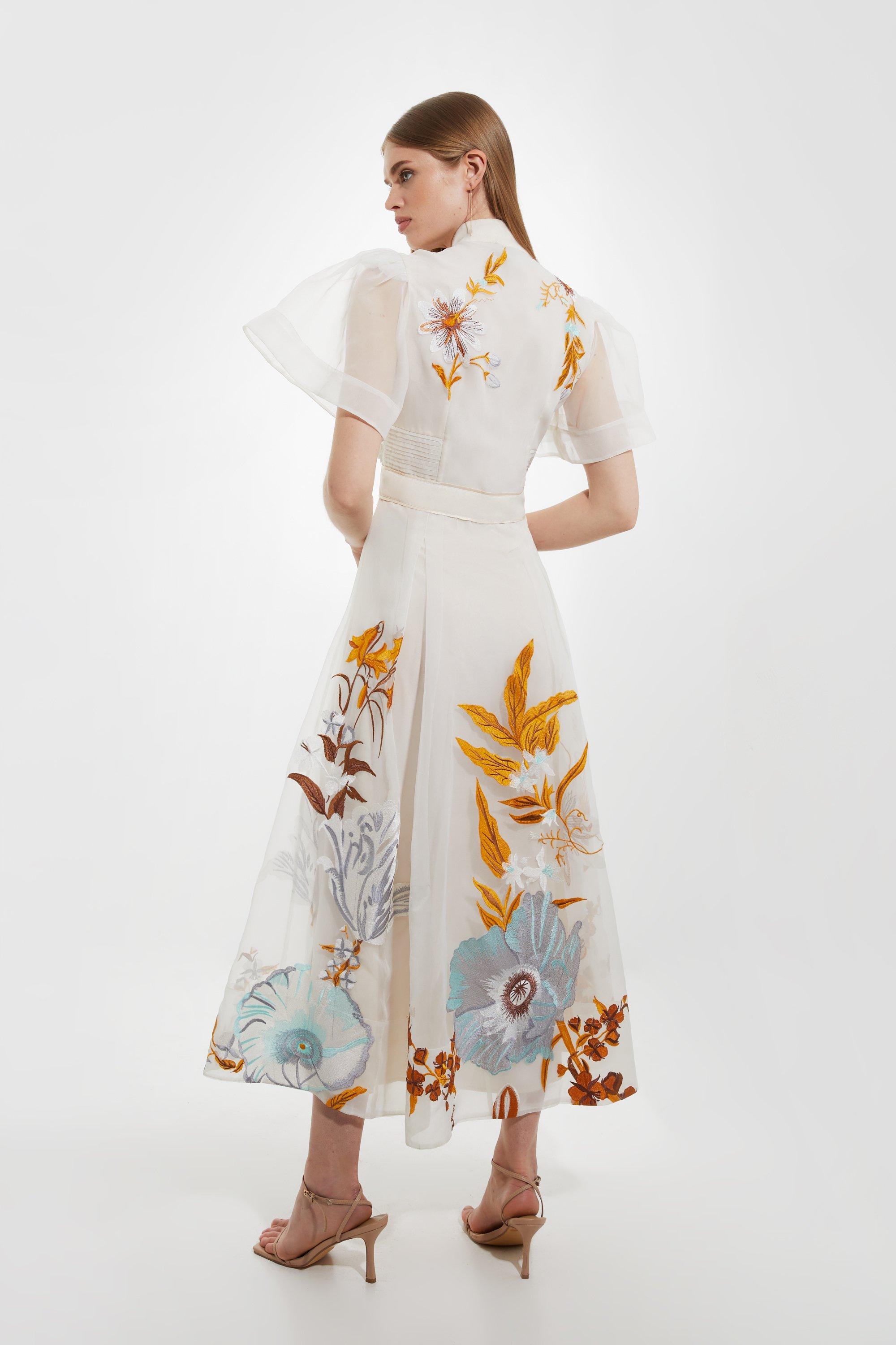 Botanical Embroidery Organdie Angel Sleeve Midi Dress | Karen Millen