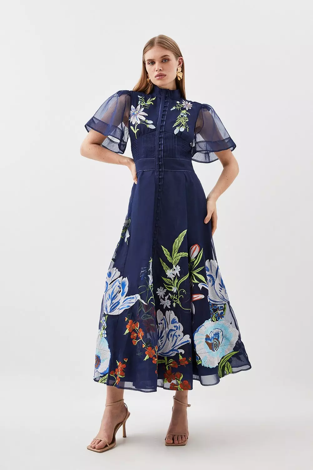 Botanical Embroidery Organdie Angel Sleeve Midi Dress