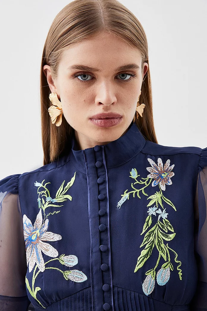 Botanical Embroidery Organdie Angel Sleeve Midi Dress Botanical Embroidery Organdie Angel Sleeve Midi Dress