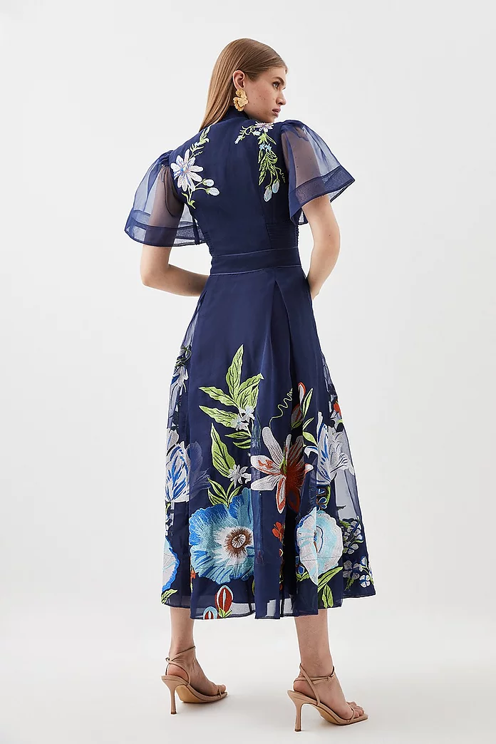 Botanical Embroidery Organdie Angel Sleeve Midi Dress Botanical Embroidery Organdie Angel Sleeve Midi Dress