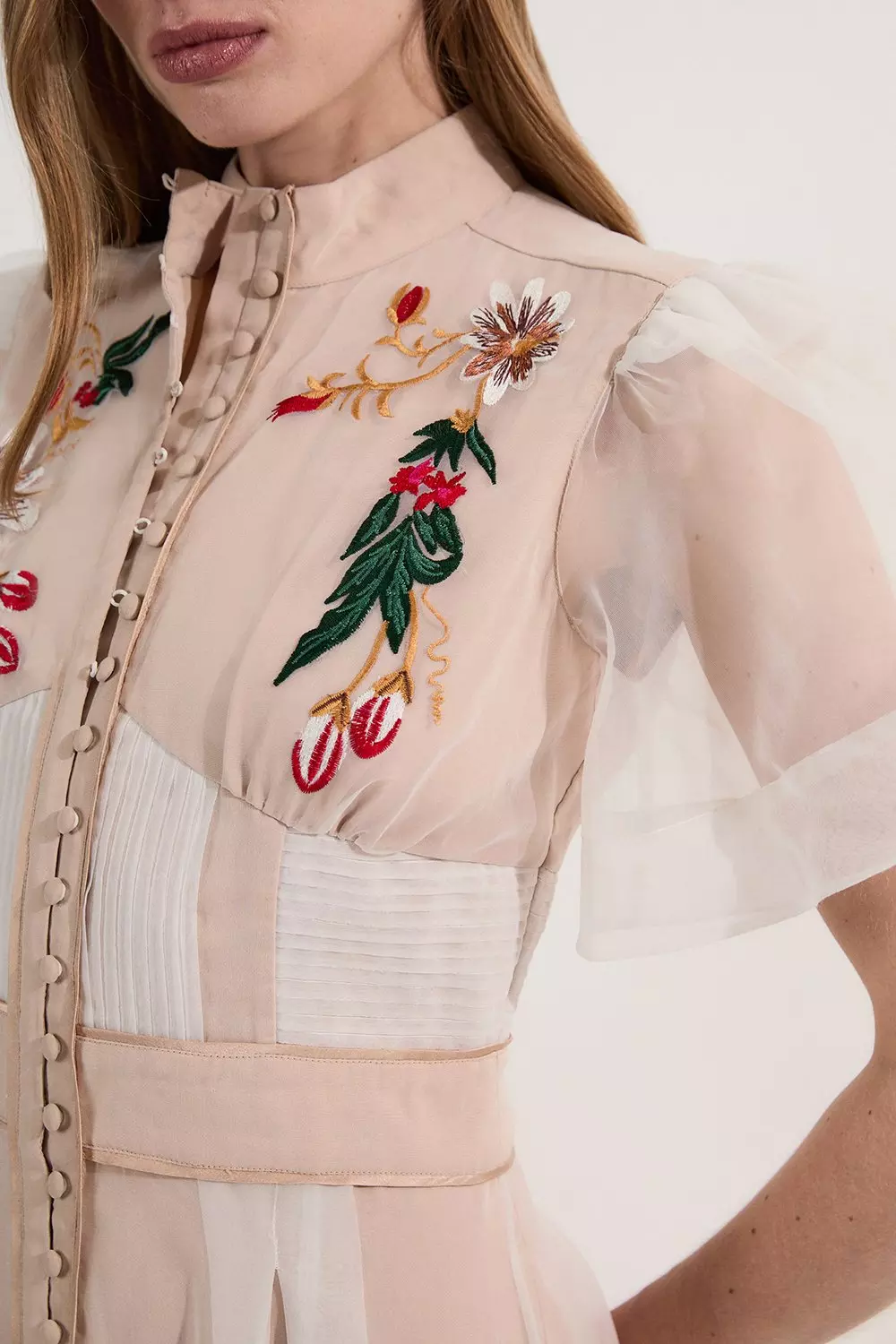 Karen Millen★ボタニカル刺繍オーガンザミディドレス Floral Embroidery Organdie Woven Midi Dress | Karen Millen