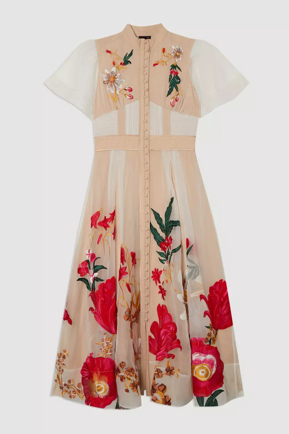 Botanical Embroidery Organdie Angel Sleeve Midi Dress
