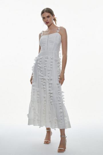 White Floral Applique Strappy Woven Maxi Dress