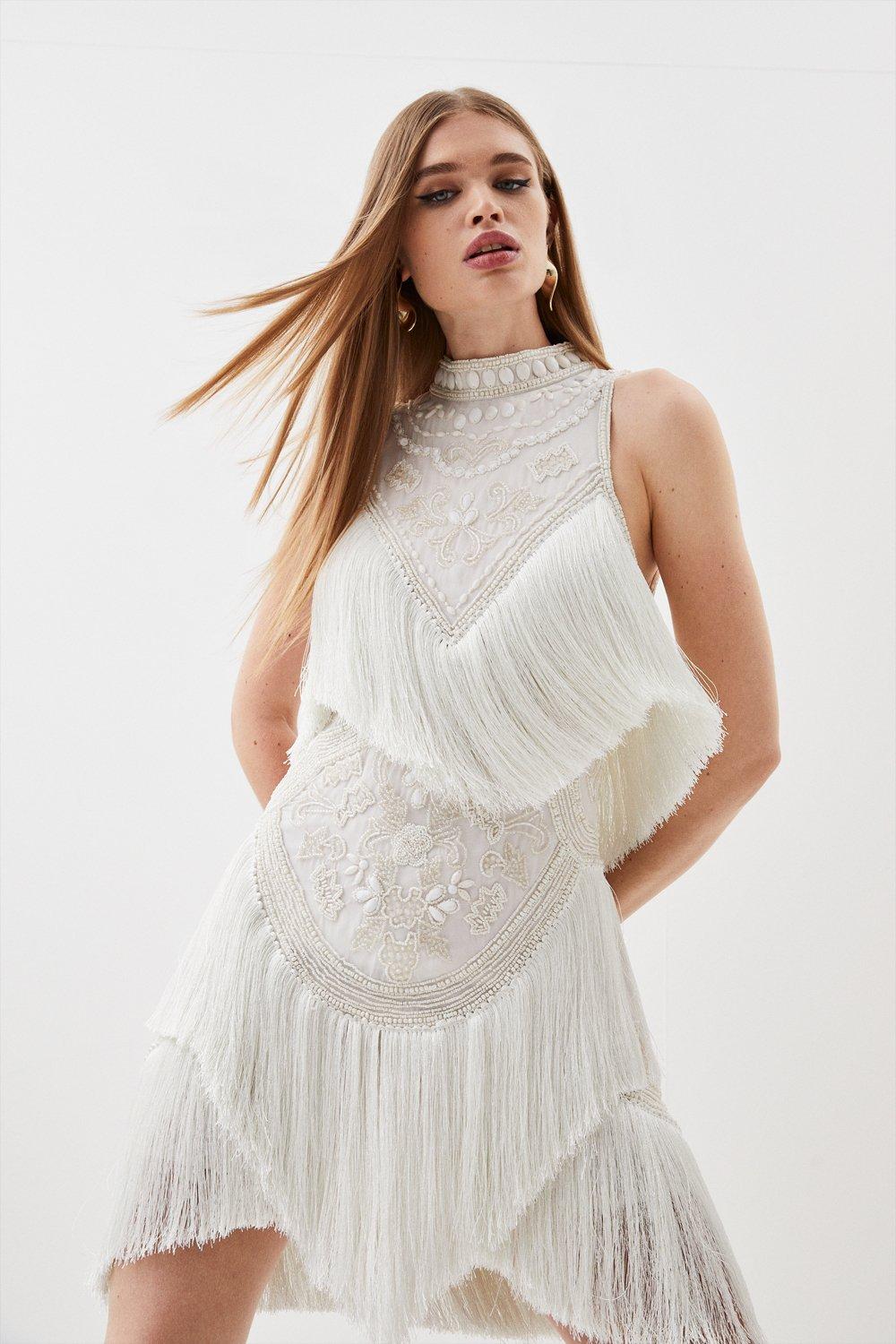 Fringe And Beaded Halter Neck Mini Dress | Karen Millen