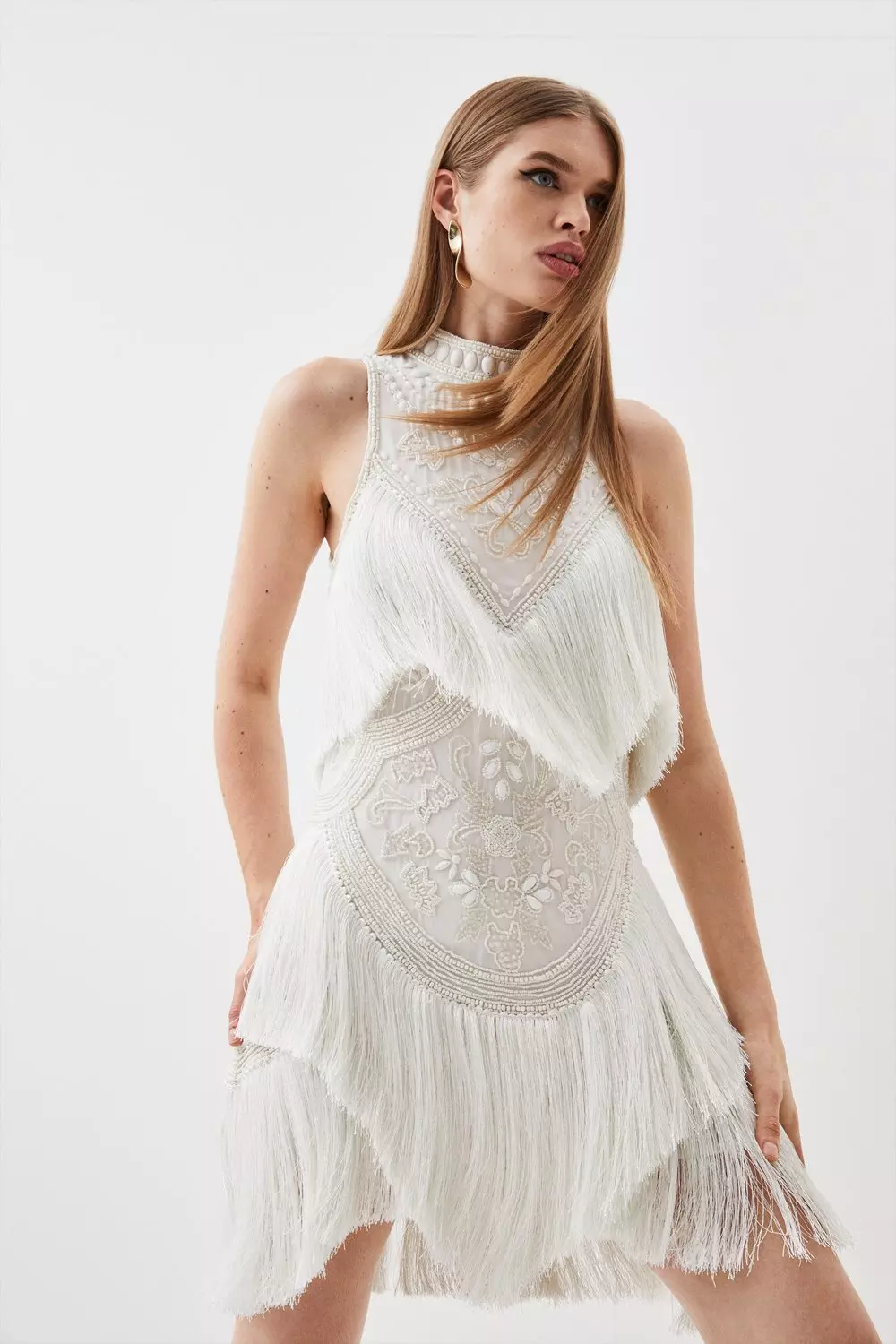 Petite Fringed Beaded Halter Mini Dress | Karen Millen