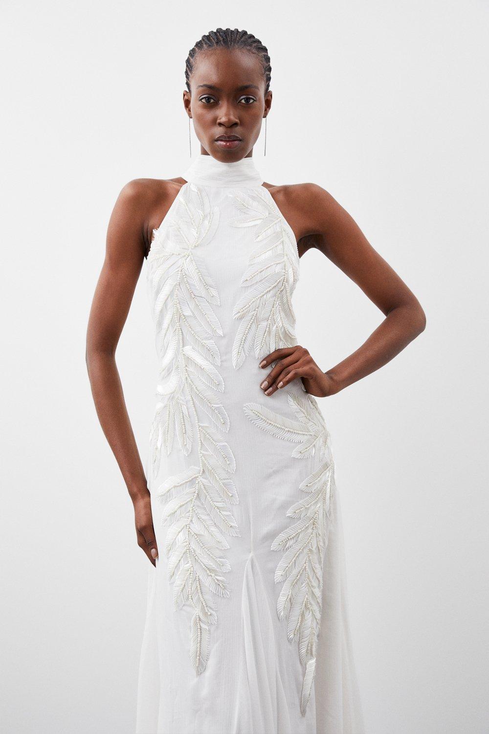 Halter Neck Feather Sequin Detail Woven Maxi Dress Karen Millen