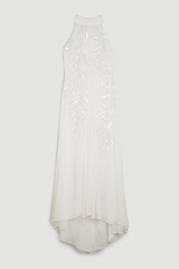 Halter Neck Feather Sequin Detail Woven Maxi Dress | Karen Halter Neck Feather Sequin Detail Woven Maxi Dress | Karen