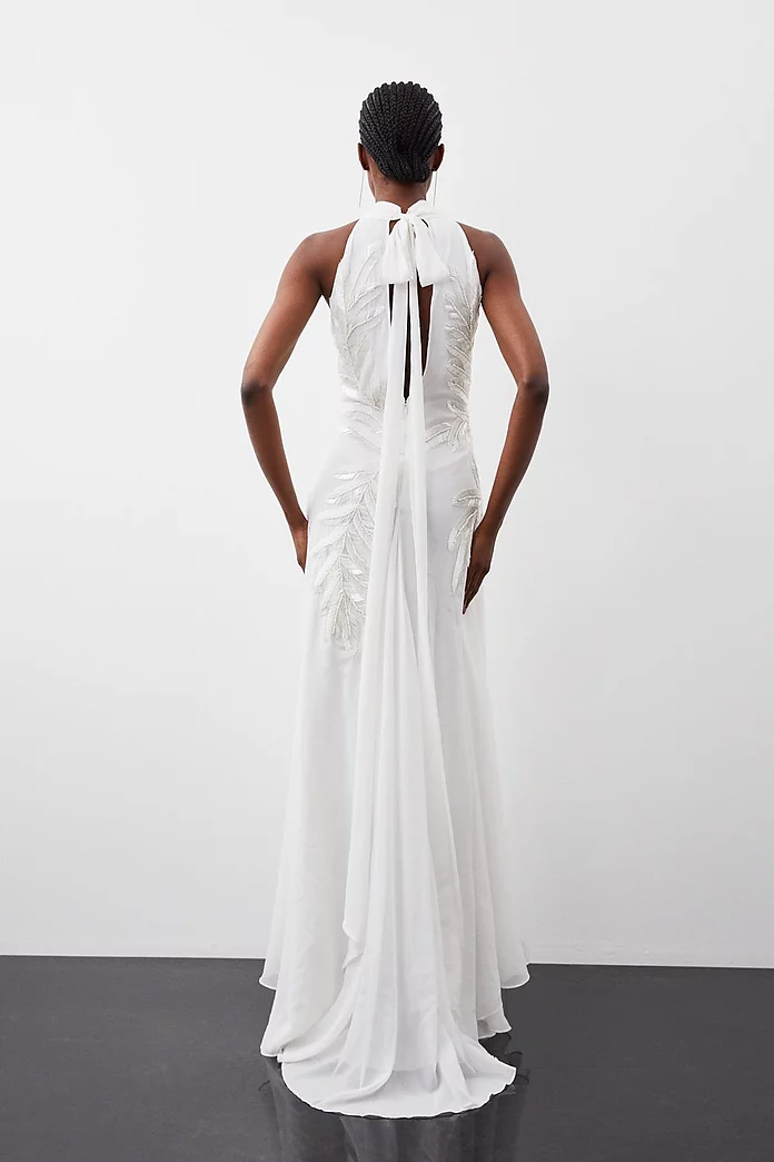 Halter Neck Feather Sequin Detail Woven Maxi Dress | Karen Halter Neck Feather Sequin Detail Woven Maxi Dress | Karen