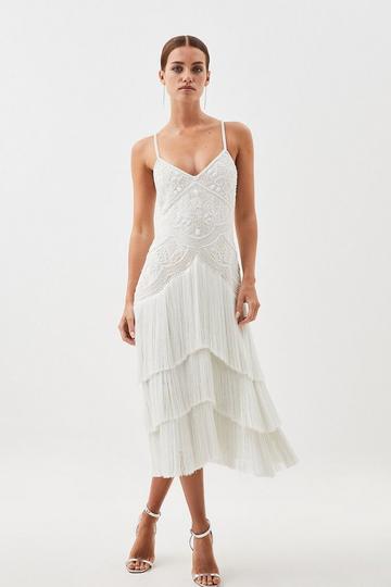 Petite Fringe And Beaded Halter Neck Midi Dress ivory