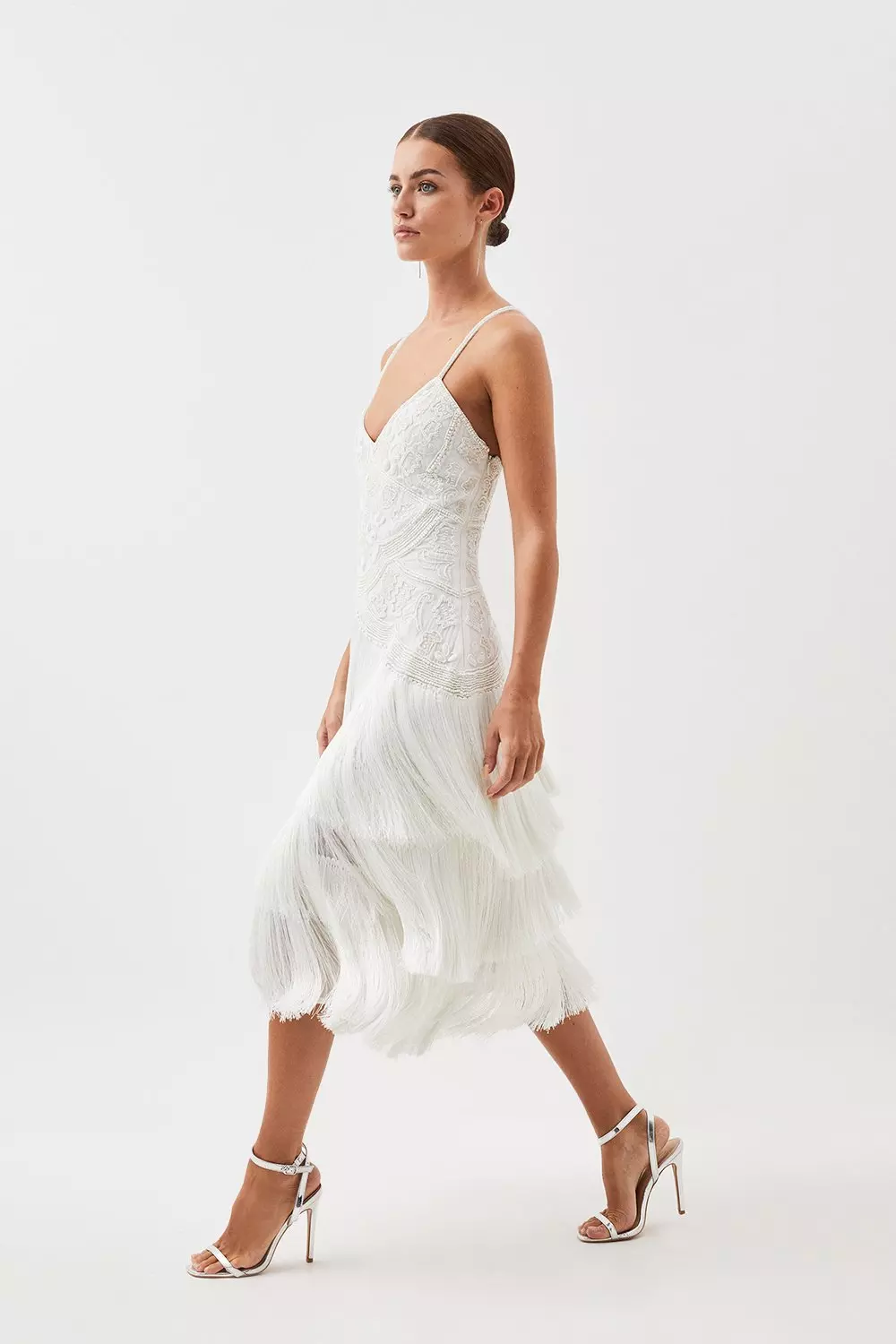 Petite Fringe And Beaded Halter Neck Midi Dress Karen Millen