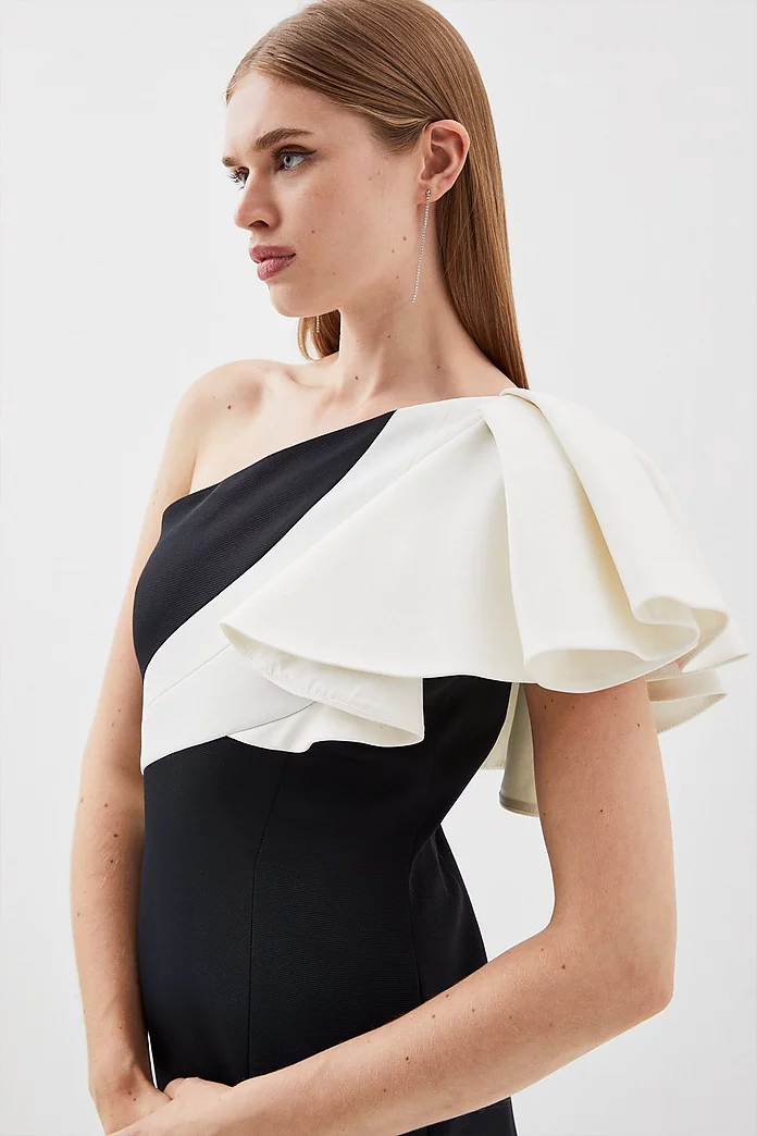 Italian Structured Rib & Satin Ruffle One Shoulder Dress Italian Structured Rib & Satin Ruffle One Shoulder Dress
