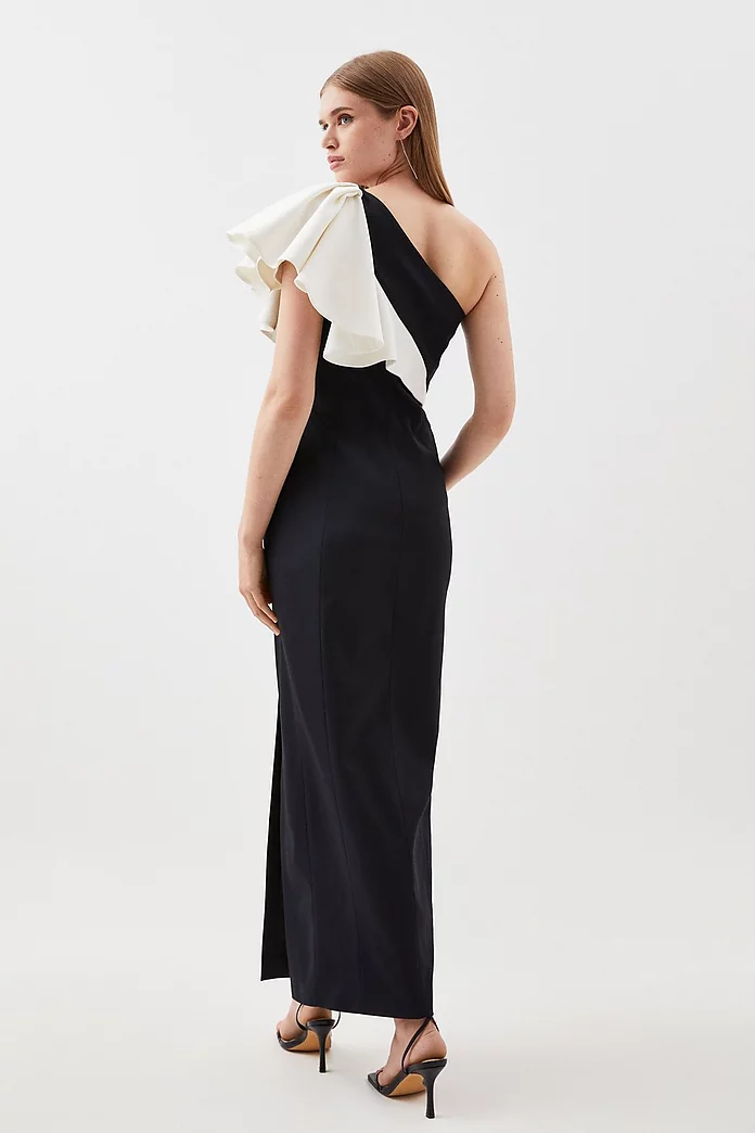 Italian Structured Rib & Satin Ruffle One Shoulder Dress Italian Structured Rib & Satin Ruffle One Shoulder Dress
