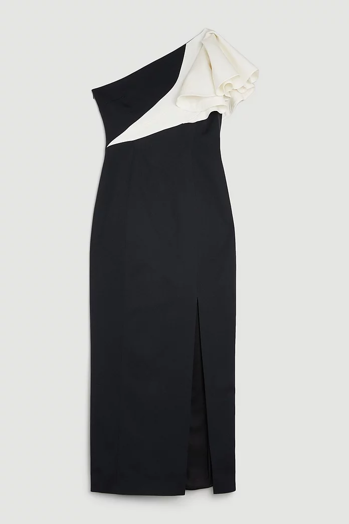 Italian Structured Rib & Satin Ruffle One Shoulder Dress Italian Structured Rib & Satin Ruffle One Shoulder Dress
