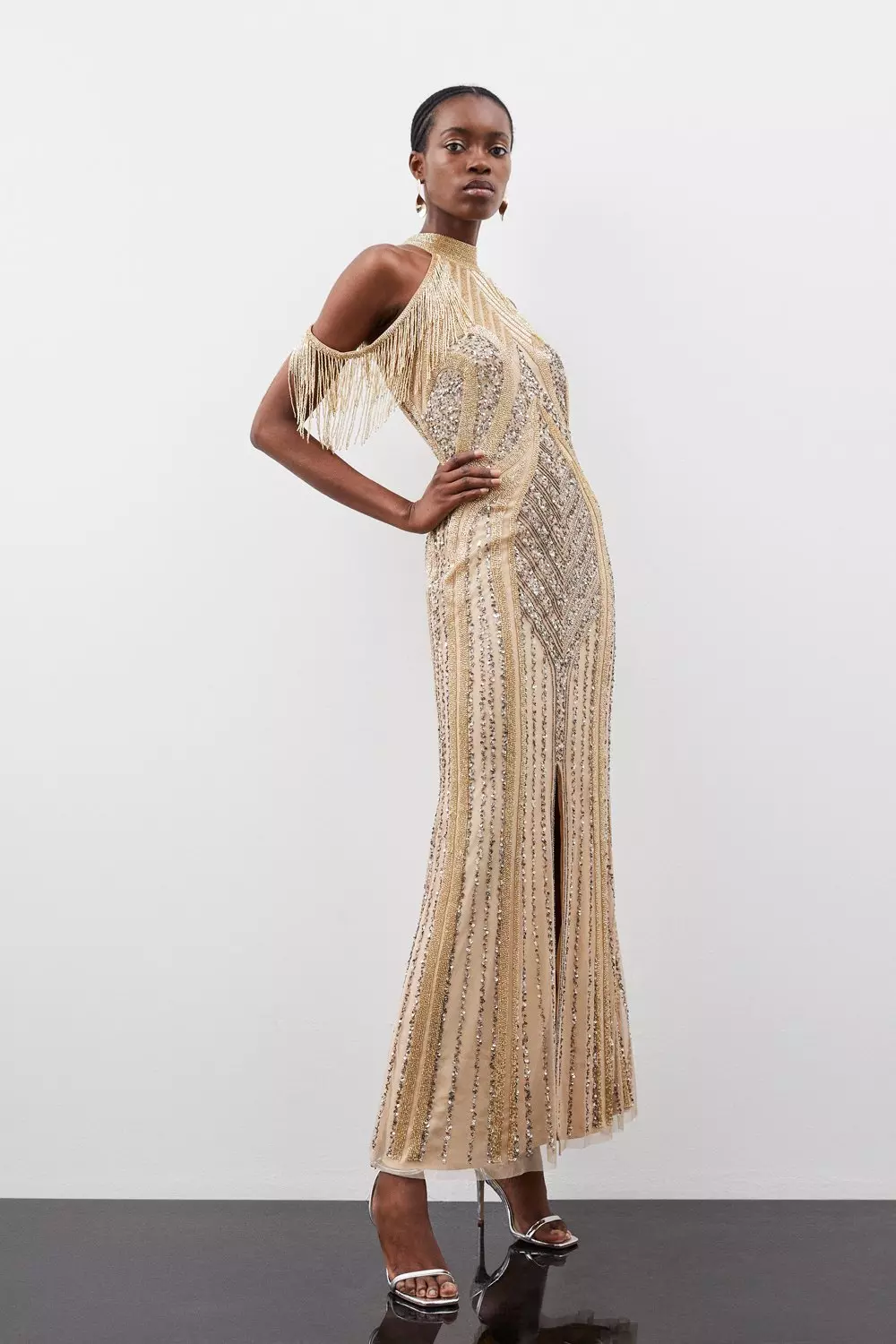 Karen Millen コール ネック エレガント マキシ ドレス Metallic Embellished And Beaded Halter Maxi Dress | Karen Millen