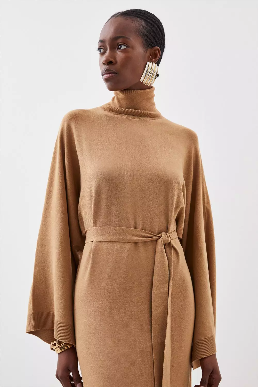Viscose Blend Funnel Neck Belted Knitted Maxi Dress Karen Millen