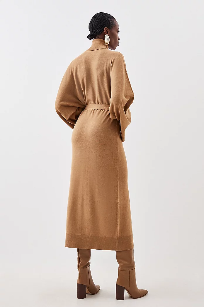 Viscose Blend Funnel Neck Belted Knitted Midi Dress | Karen Viscose Blend Funnel Neck Belted Knitted Midi Dress | Karen