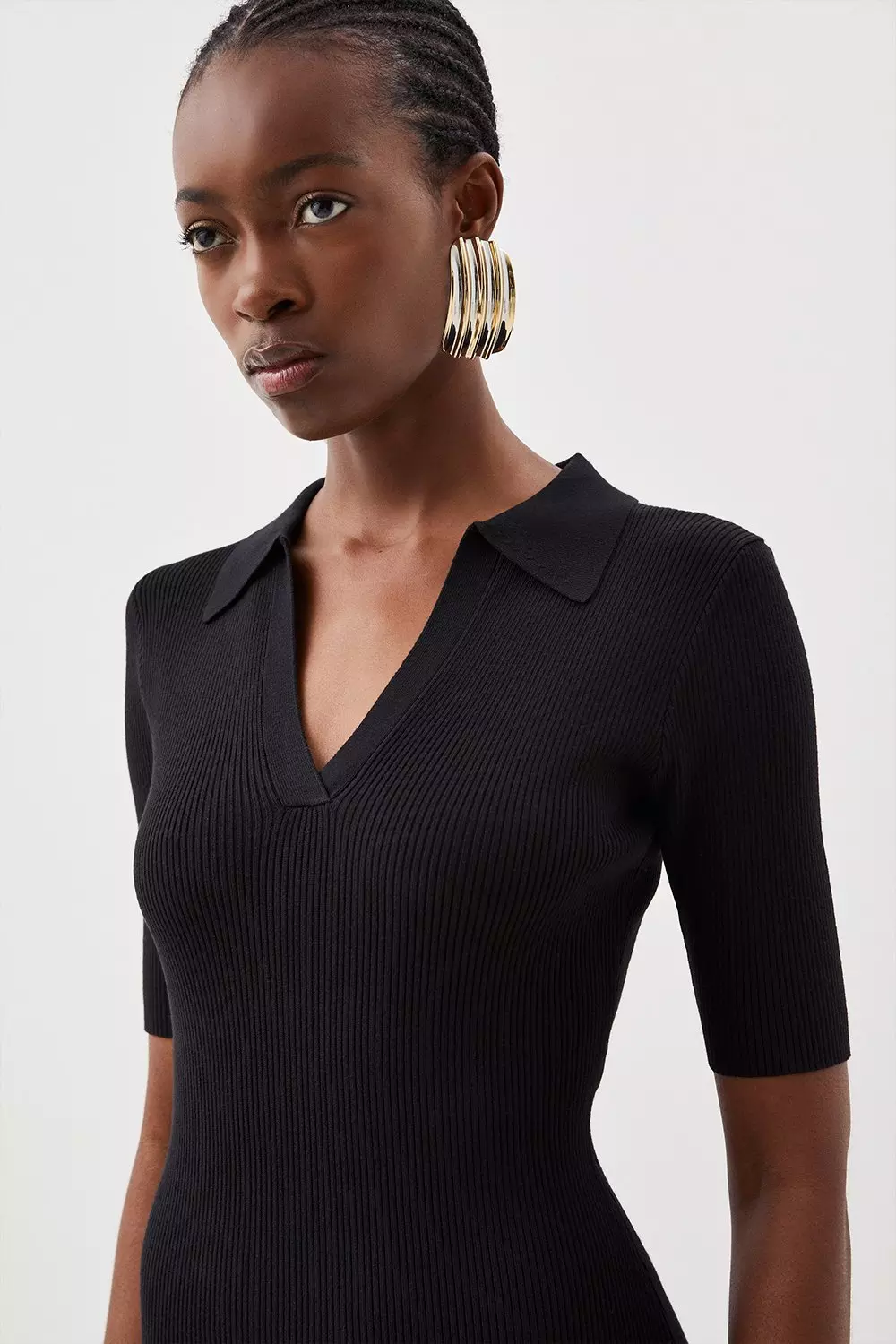 KarenMillen/リブ ジャージー Collared Midi Dress Viscose Blend Collared Rib Knitted Midi Dress | Karen Millen