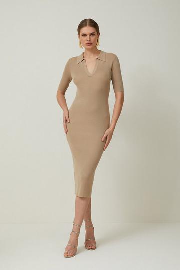 Viscose Blend Collared Rib Knitted Midi Dress natural