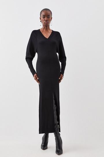 Viscose Blend Batwing Knitted Column Maxi Dress black