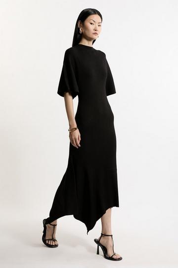 Black Viscose Blend Angel Sleeve Rib Knitted Midi Dress