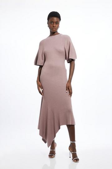 Viscose Blend Angel Sleeve Rib Knitted Midi Dress taupe