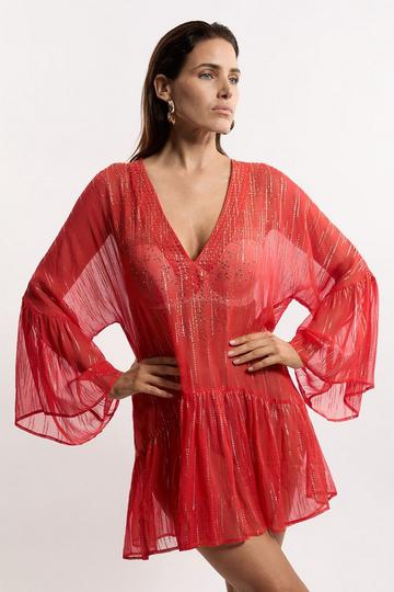 Beach Metallic Embellished Woven Kimono Mini Dress red