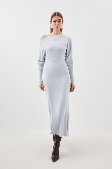 Blue Viscose Blend Asymmetric Knitted Midaxi Dress