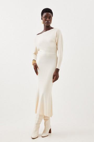 Viscose Blend Asymmetric Knitted Midaxi Dress ivory