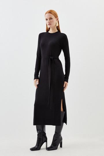 Black Viscose Blend Belted Knitted Midi Dress