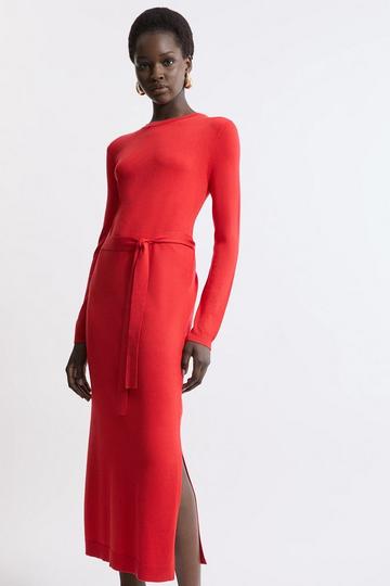 Viscose Blend Belted Knitted Midi Dress red