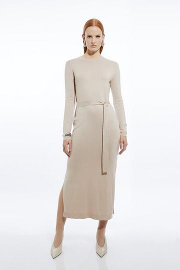 Viscose Blend Belted Knitted Midi Dress stone