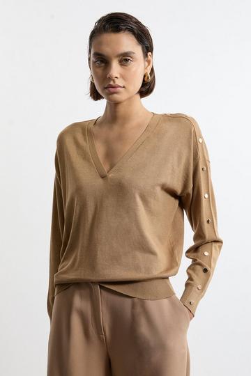 Camel Beige Viscose Blend V Neck Knit Sweater