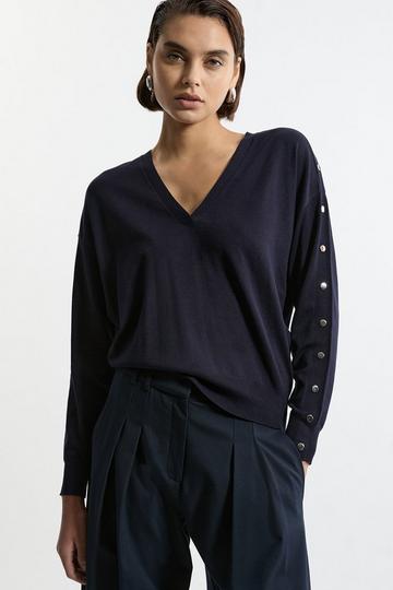 Viscose Blend V Neck Knit Sweater navy