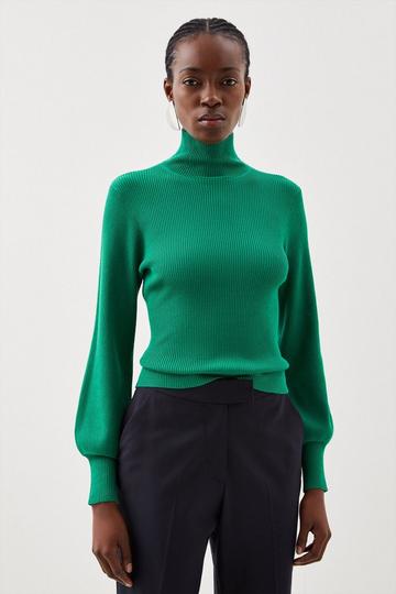 Viscose Blend Rib Knitted Funnel Sweater green