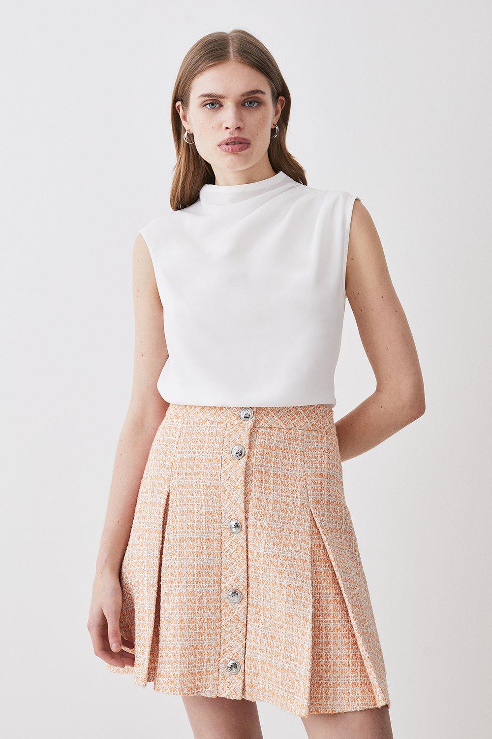 Orange Tweed Pleated Mini Skirt