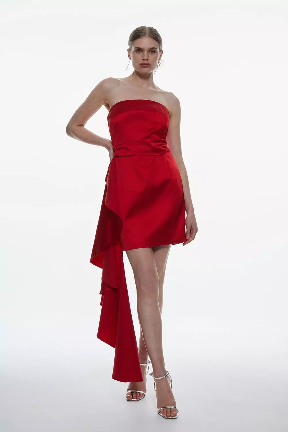 Italian Structured Satin Ruffle Drape Bandeau Mini Dress Karen Millen