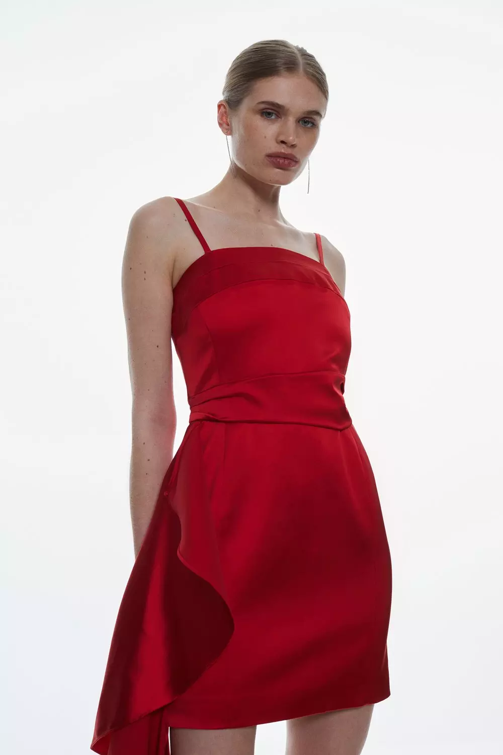 Italian Structured Satin Ruffle Drape Bandeau Mini Dress | Karen Millen