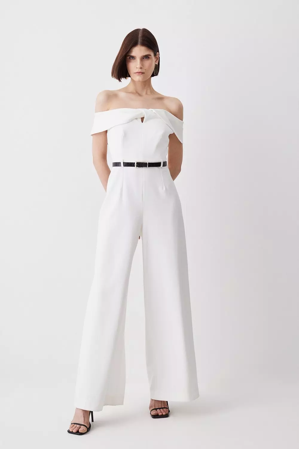 日本未入荷★Karen Millen ワイドオールインワン Structured Crepe Off The Shoulder Belted Wide Leg Jumpsuit