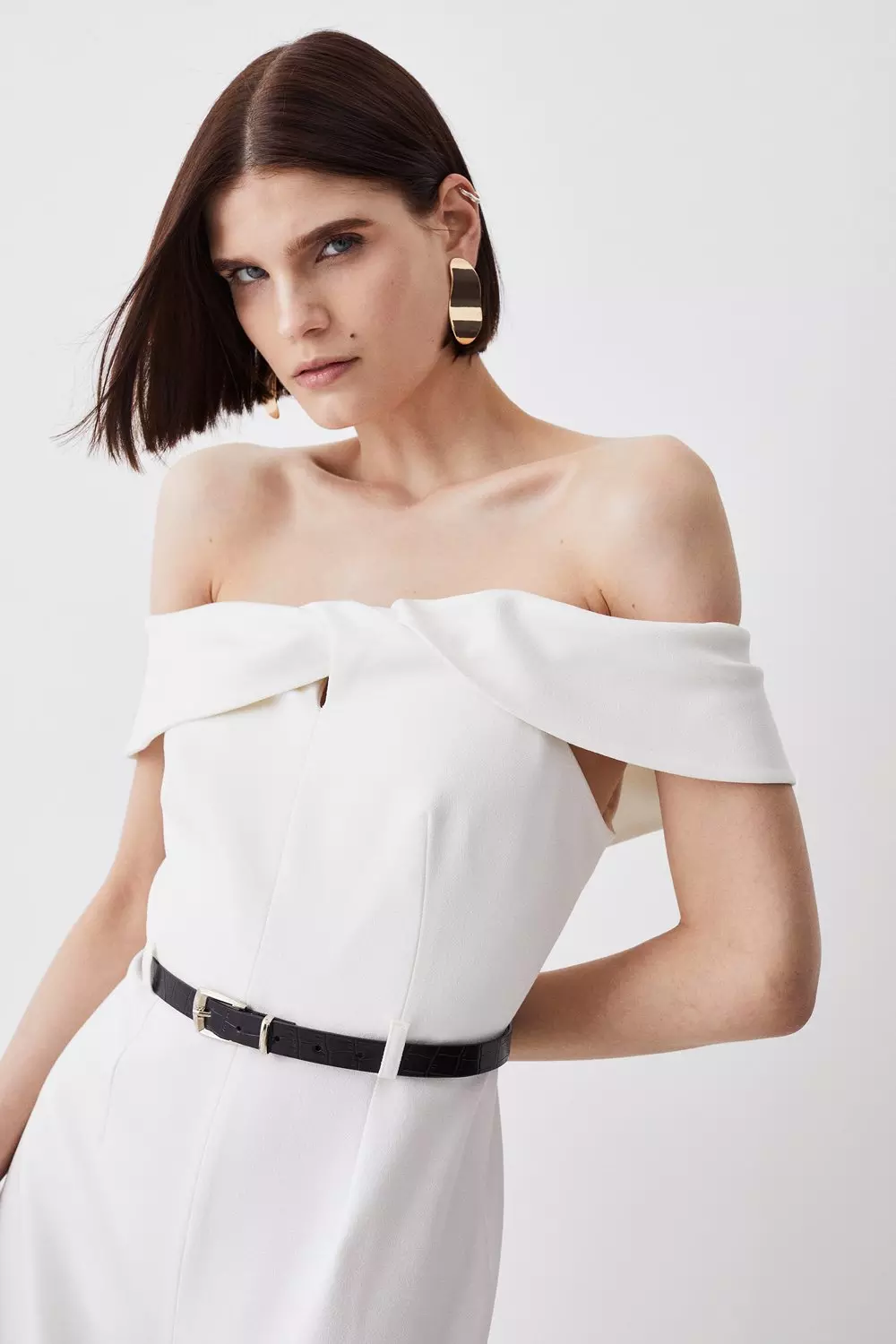 Structured Crepe Off The Shoulder Belted Wide Leg Jumpsuit