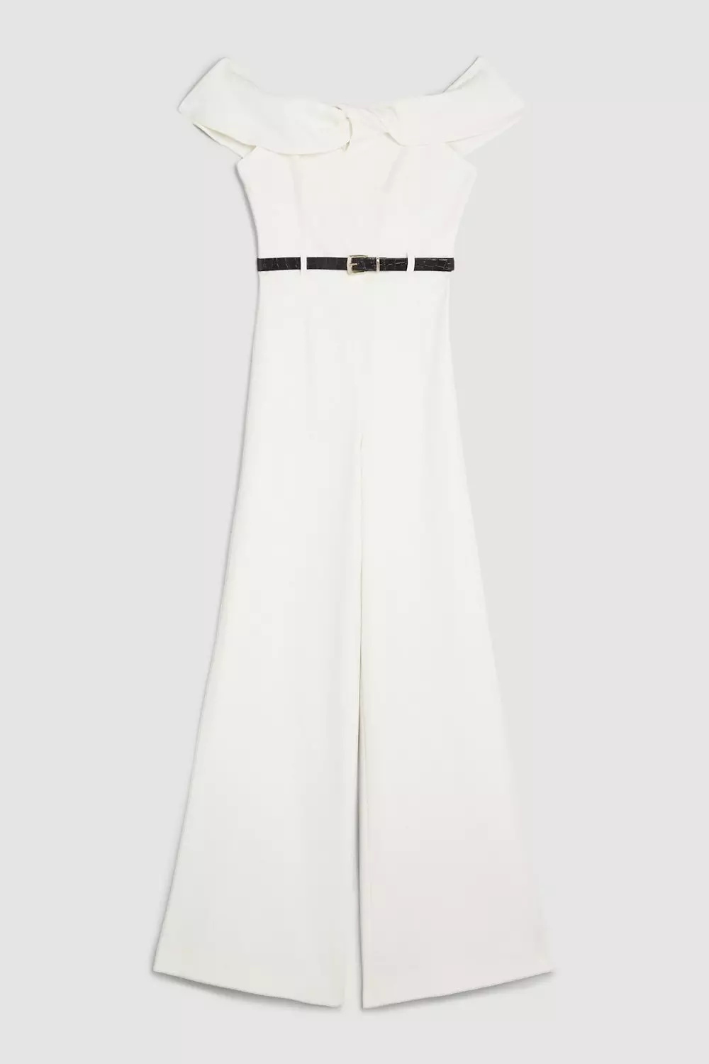 Structured Crepe Off The Shoulder Belted Wide Leg Jumpsuit