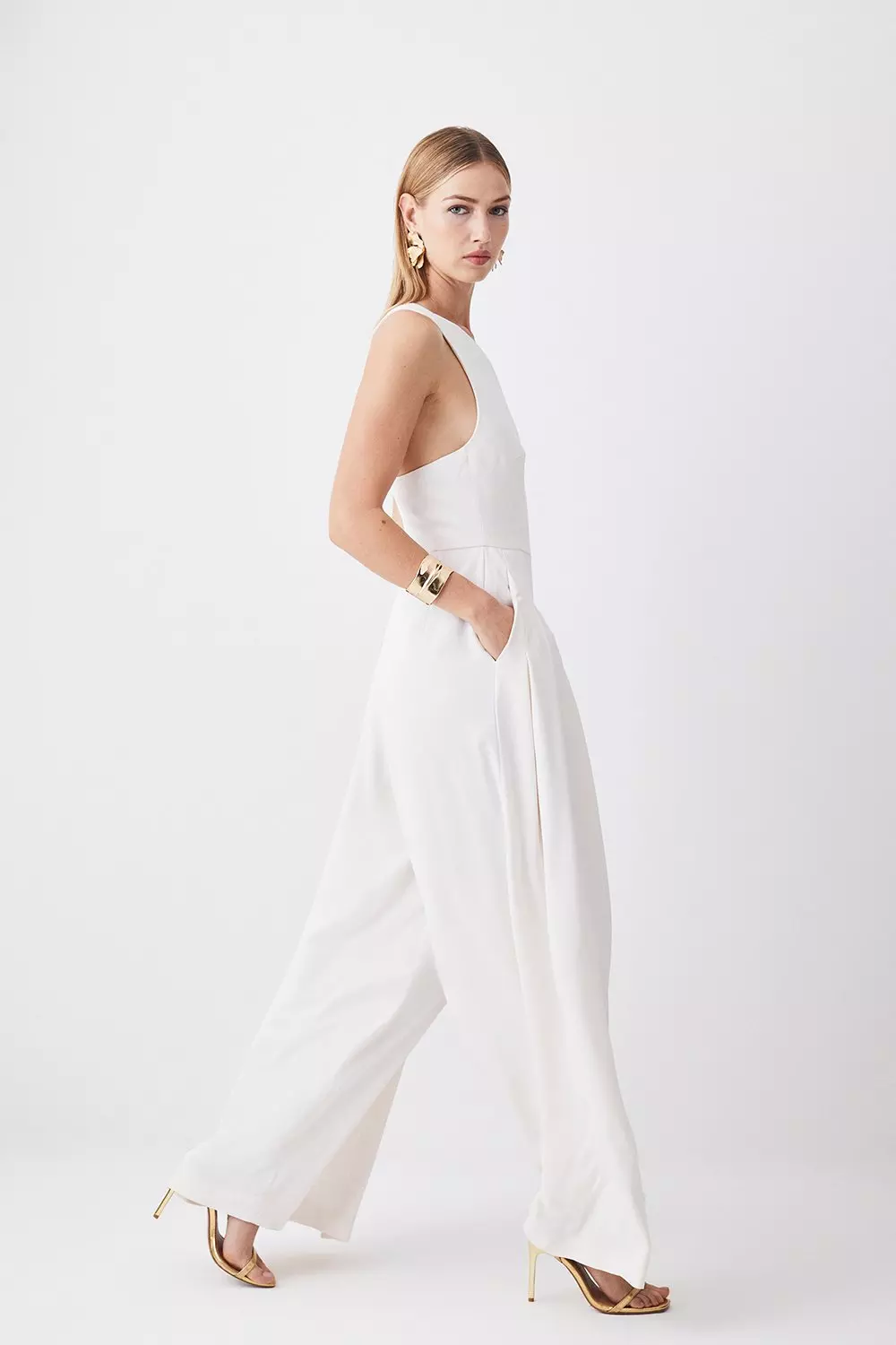 Soft Tailored Asymmetric Neck Pleat Wide Leg Jumpsuit