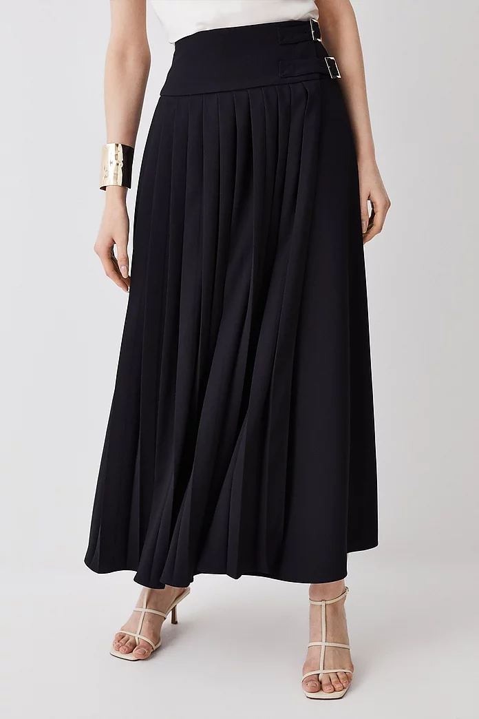Tailored Crepe Buckle Detail Pleated Midaxi Skirt | Karen Millen Tailored Crepe Buckle Detail Pleated Midaxi Skirt | Karen Millen