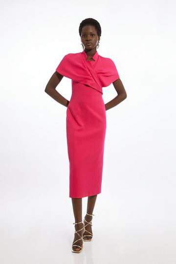 Pink Structured Crepe Cape Detail Midi Dress