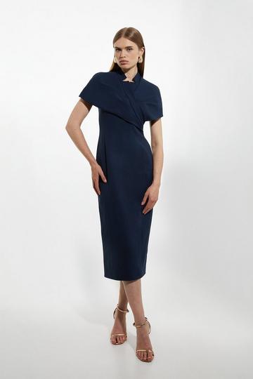 Navy Structured Crepe Cape Detail Midi Dress